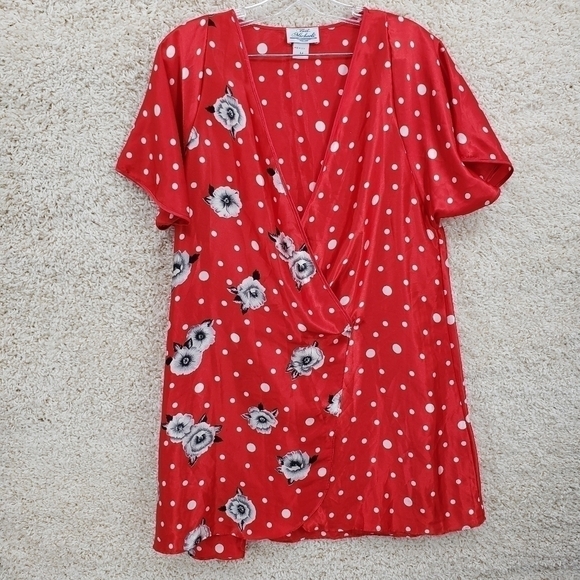 Vintage Beth Michaels women US Medium red white top floral polka dots wrap front - Picture 1 of 9
